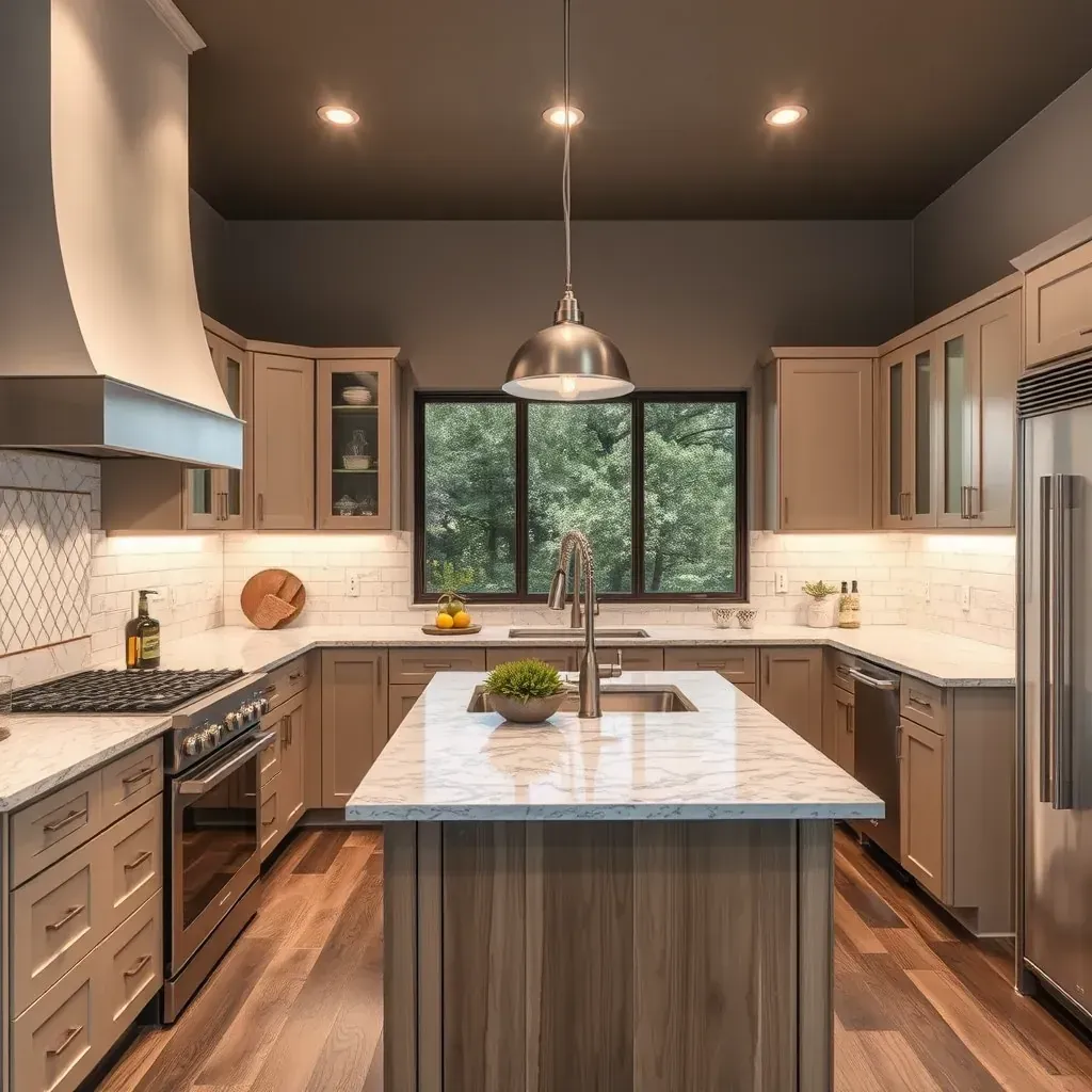 Modern kitchen in Round Rock, TX featuring wood cabinets, quartz counters, stainless steel appliances, and large windows.