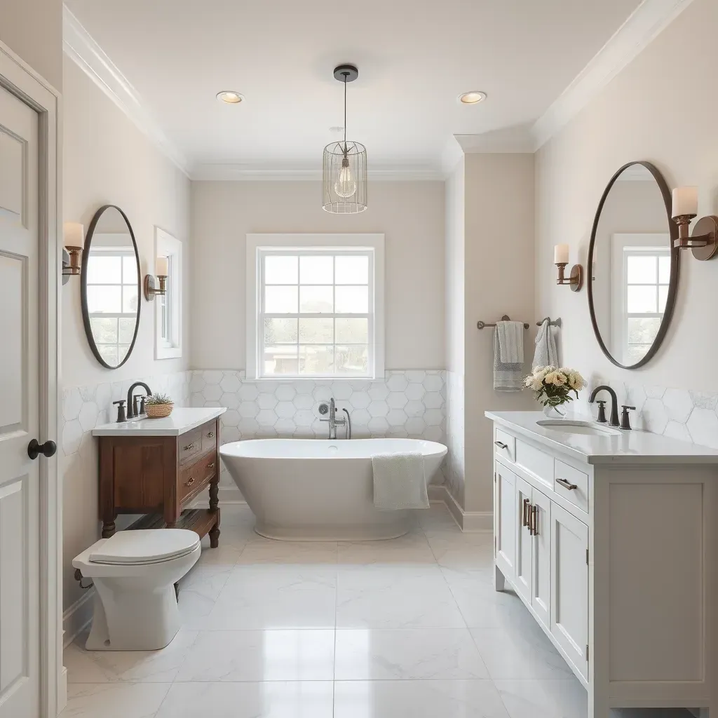 Modern Taylor, TX bathroom with walk-in shower, marble vanity, neutral tones, large porcelain tiles, and stylish decor.