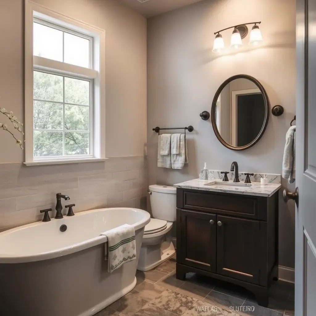 Modern bathroom remodel in Waco, TX featuring a walk-in shower, double vanity, freestanding tub, stylish tiles, and elegant fixtures.