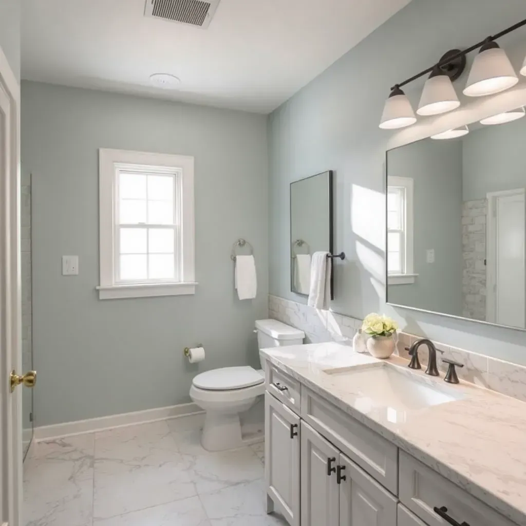 Contemporary bathroom remodel in New Braunfels, TX with modern vanity, glass shower, natural light, and rustic decor.
