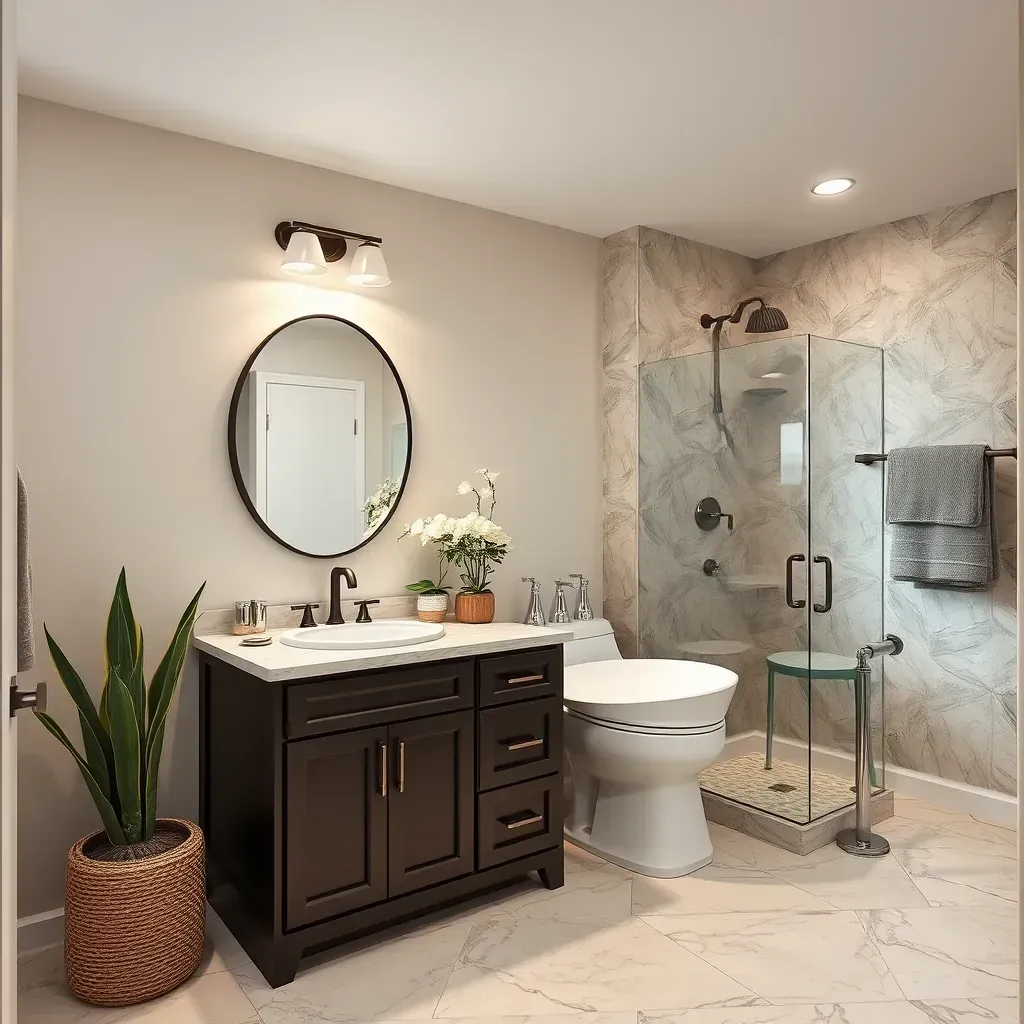 Elegant Georgetown, TX bathroom with beige porcelain tiles, walk-in shower, white vanity, LED mirrors, and Texas-inspired decor.