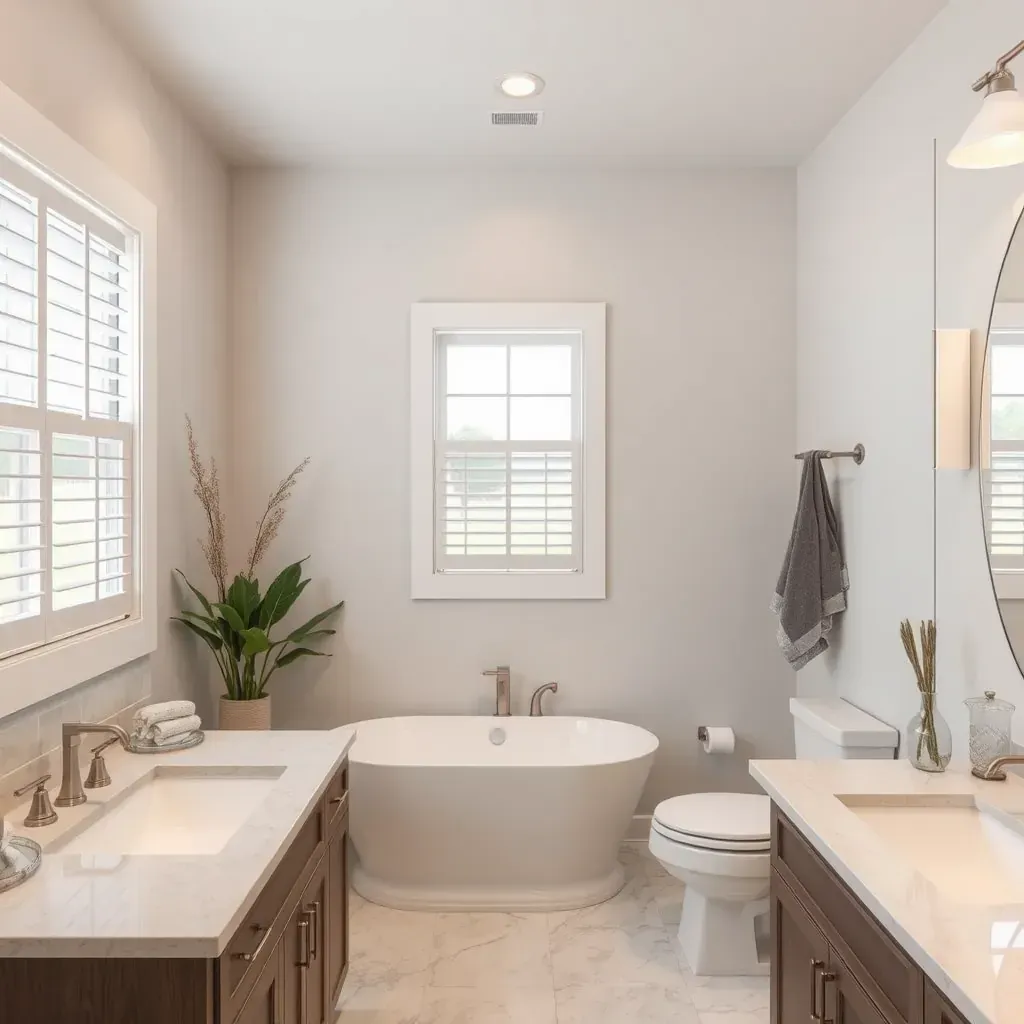 Bathroom remodeling in Georgetown, TX with modern fixtures, ceramic tiles, walk-in shower, freestanding tub, and Texas landscape.