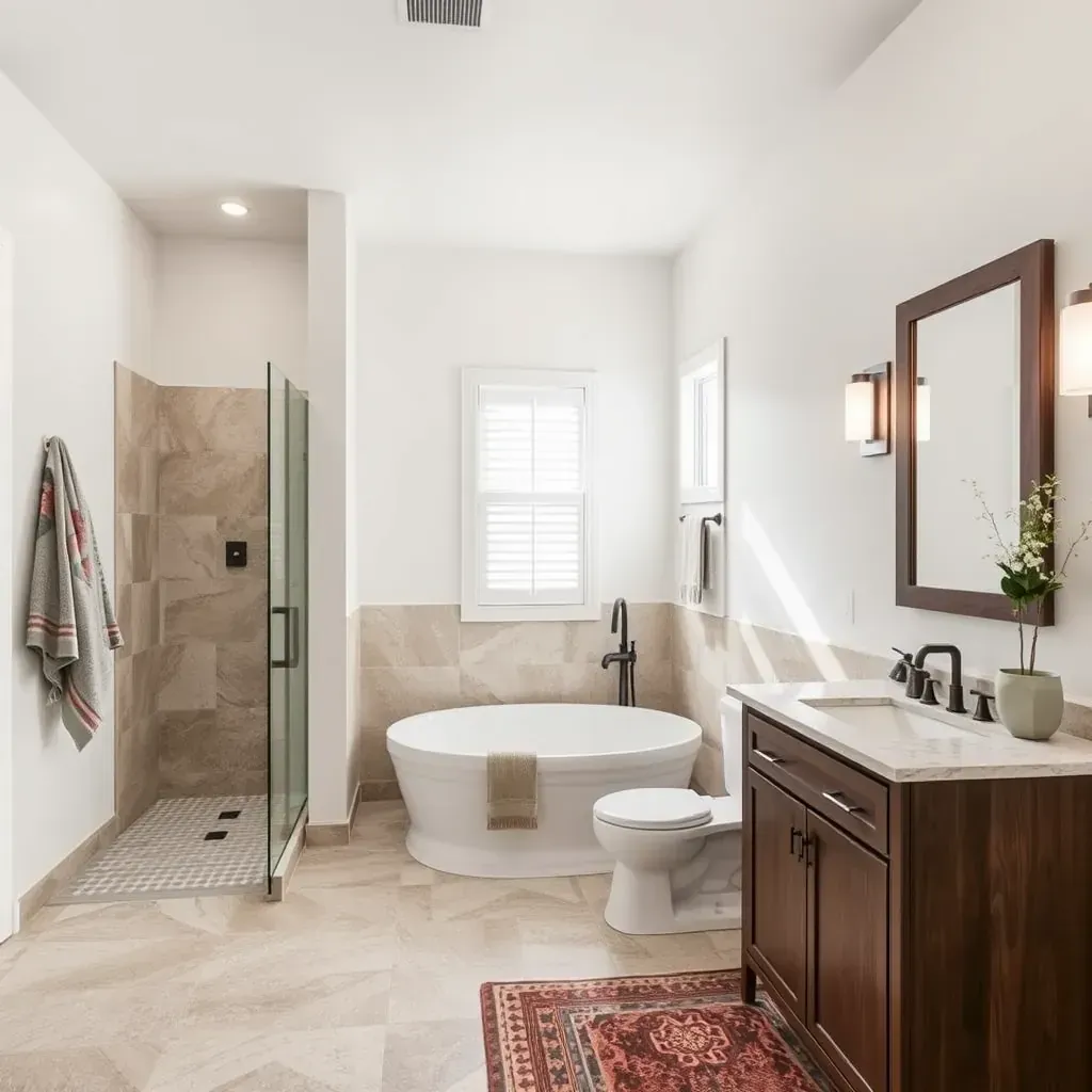 Modern bathroom in Manor, TX with glass shower, soaking tub, sleek vanity, neutral tiles, and rustic Texas accents.