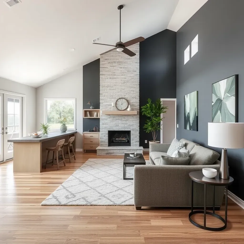Modern Lakeway backyard with renovated patio, stone fire pit, lush landscaping, and contemporary home at sunset, perfect for outdoor entertaining.