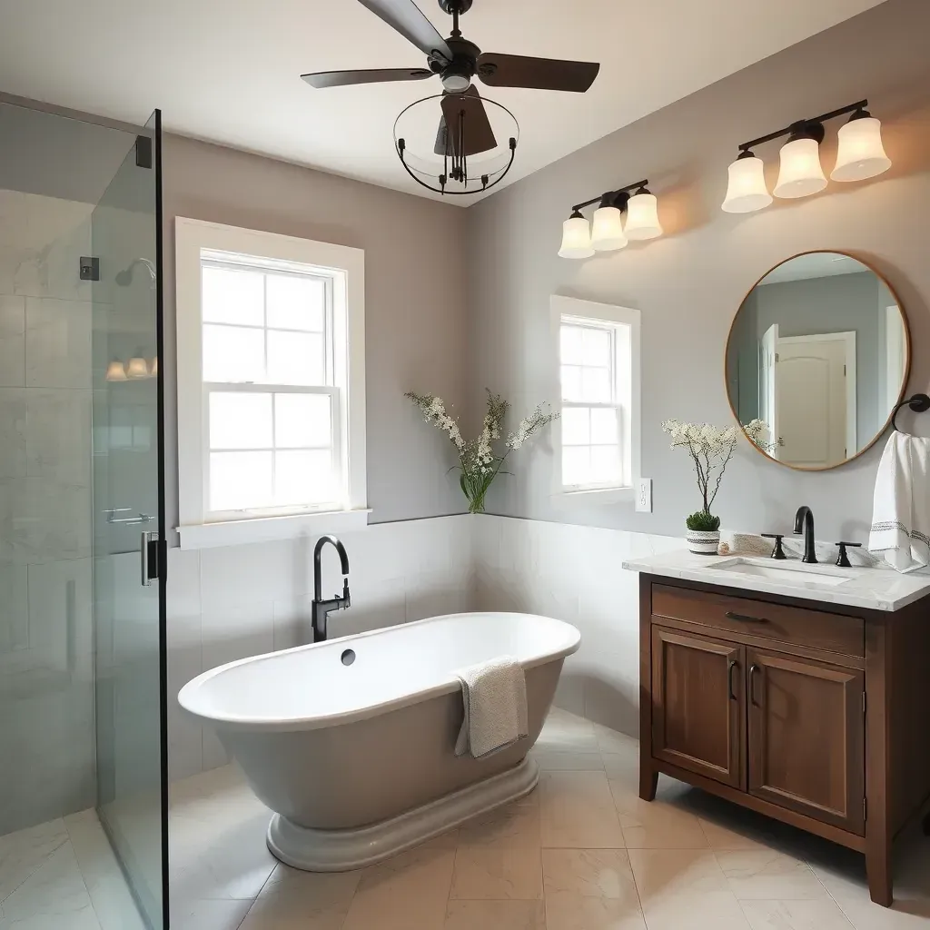 Modern Florence, TX bathroom with a soaking tub, walk-in shower, quartz vanity, and Texas countryside view.