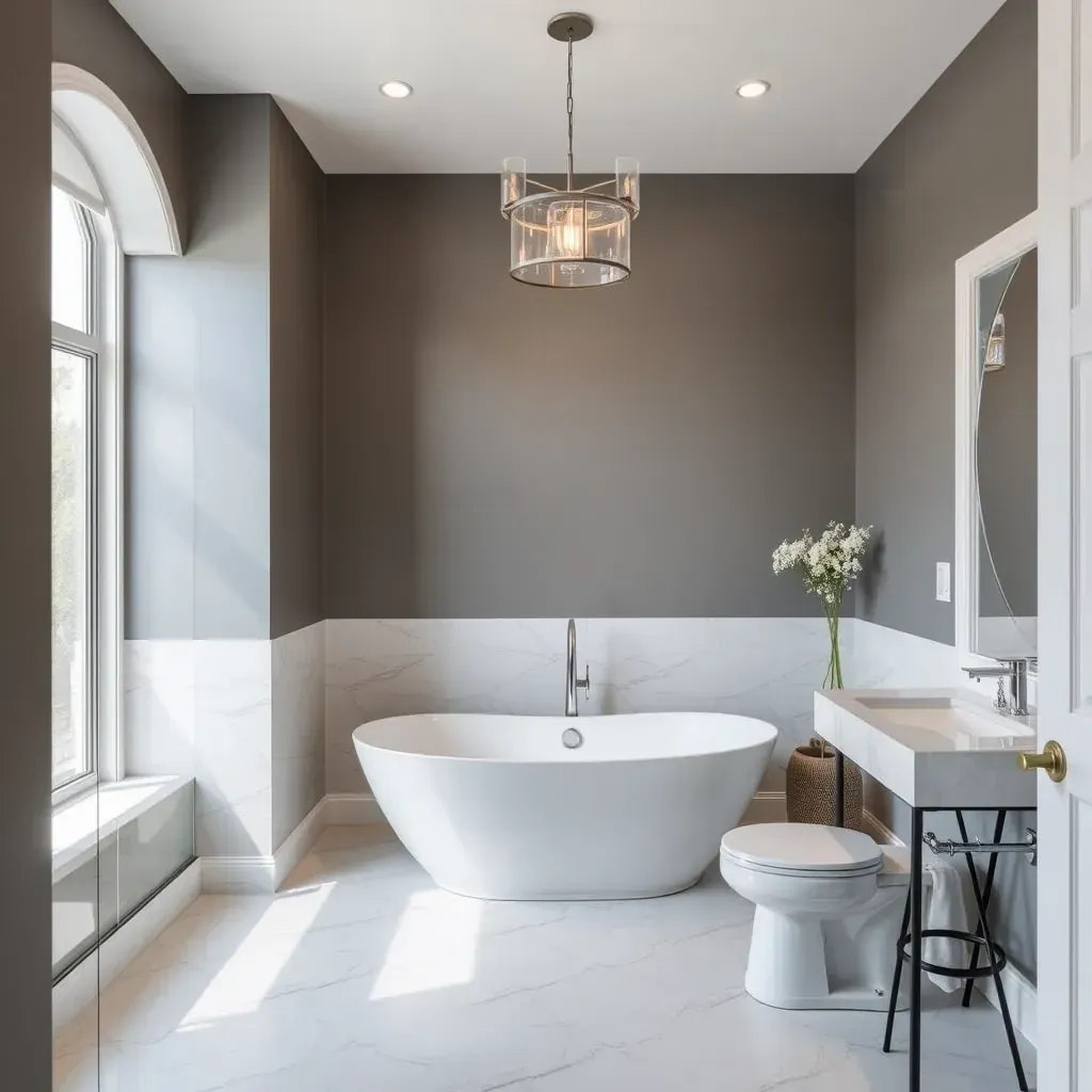 Spacious modern bathroom in Dallas with neutral tiles, wooden vanity, glass shower, soaking tub, stylish lighting, and sleek decor.