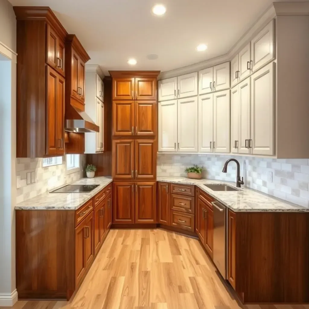 Bright kitchen with freshly refinished white or wood-stained cabinets, modern hardware, and Texas landscape view in Round Rock, TX.