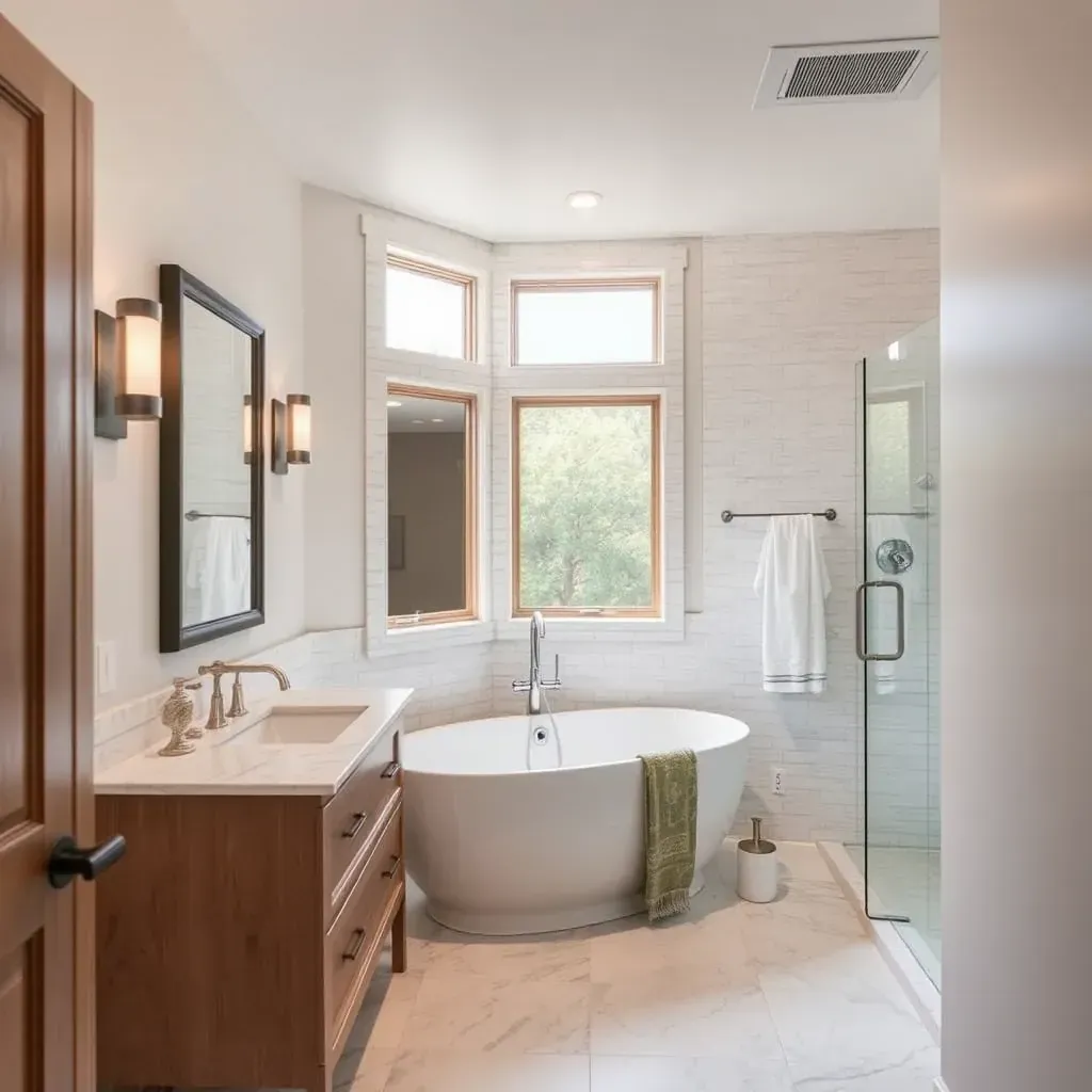 Modern bathroom with sleek fixtures, marble tiles, and elegant lighting in Burnet, TX, showcasing stylish bathroom remodeling.