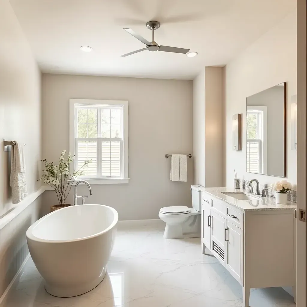 Modern Manor, TX bathroom with large windows, walk-in shower, sleek vanity, and neutral-toned tiles.