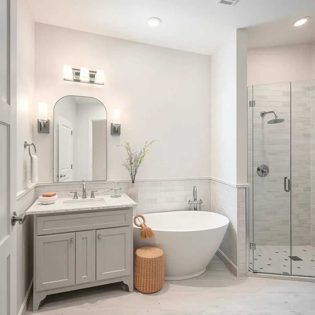 Modern bathroom in Killeen, TX with sleek fixtures, a freestanding tub, glass shower, and neutral tones.