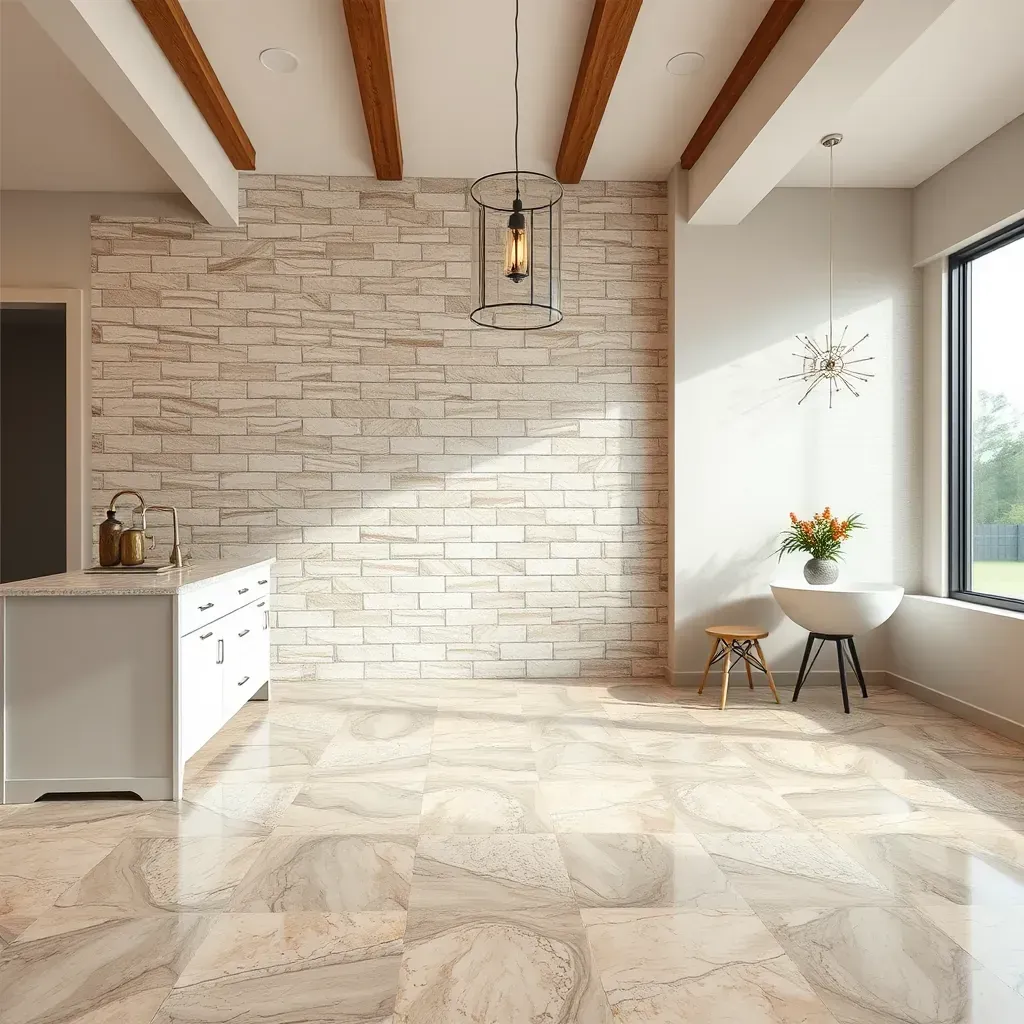 Freshly installed ceramic tile floor in a modern home in Round Rock, TX, featuring sleek, patterned tiles and bright natural light.