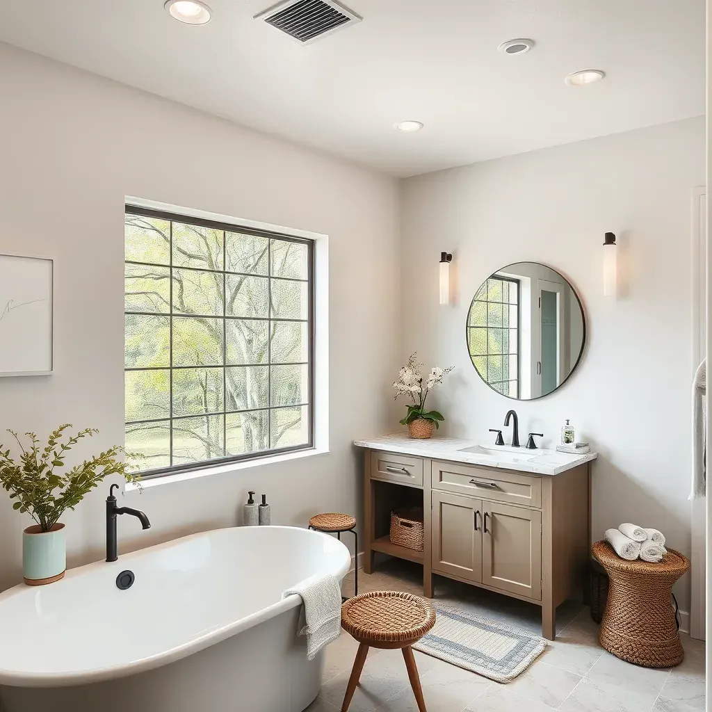 Modern bathroom in Dripping Springs with scenic Texas Hill Country views, featuring a freestanding tub, walk-in shower, and rustic-modern design.