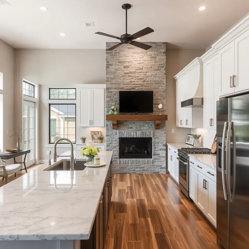 A modern home renovation scene in Pflugerville, TX featuring a contractor working on a spacious kitchen update.