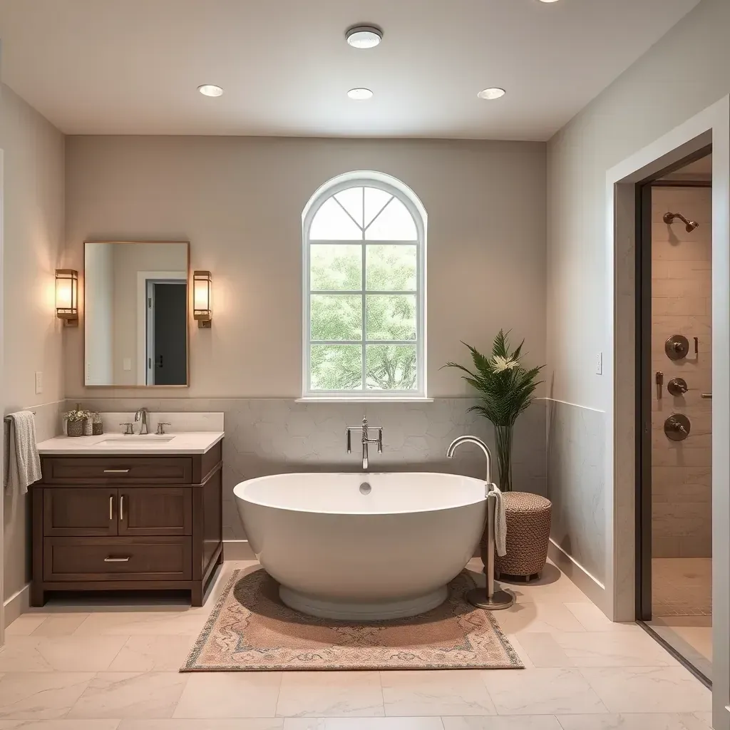 Modern bathroom in Round Rock, TX with quartz vanity, freestanding tub, glass shower, gray tiles, subtle Texas decor.