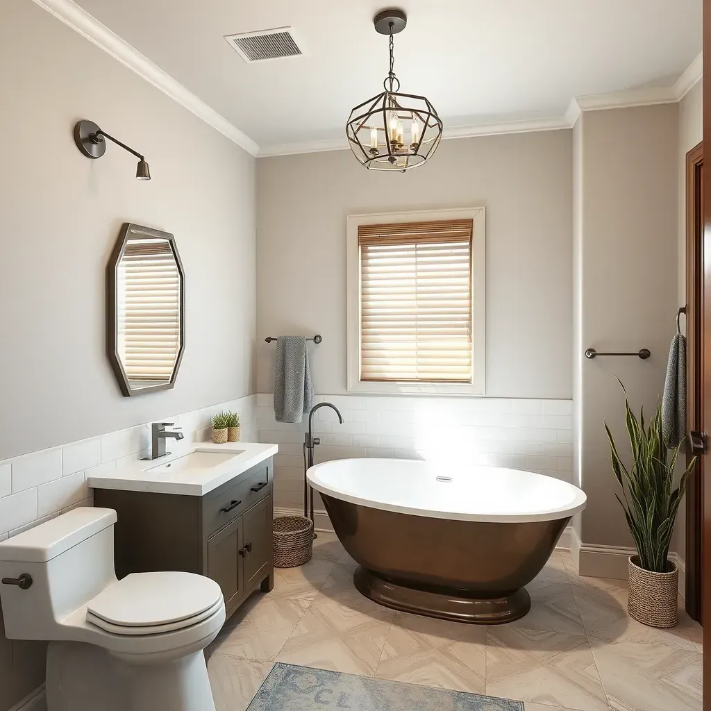 A modern bathroom in Seguin, TX featuring a sleek shower, stylish vanity, and elegant fixtures.