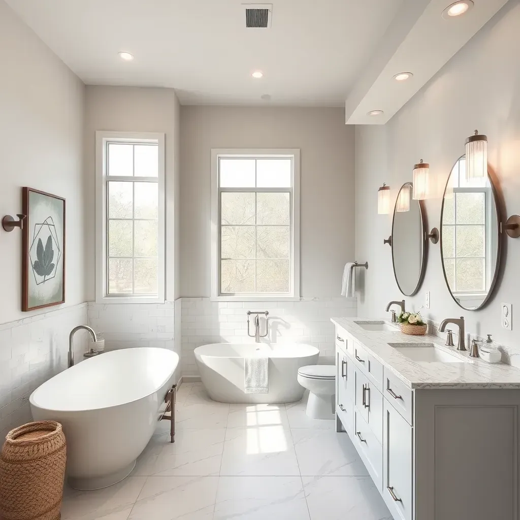 Modern bathroom in Round Rock, TX with black fixtures, marble countertop, rainfall shower, natural light, and Texas-inspired accents.