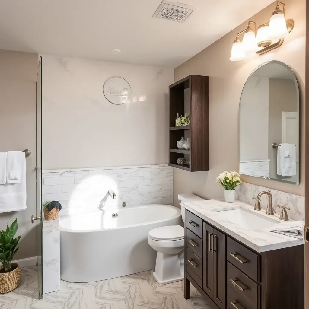Modern bathroom in Round Rock, TX with sleek tiles, walk-in shower, marble vanity, LED lighting, and natural light.