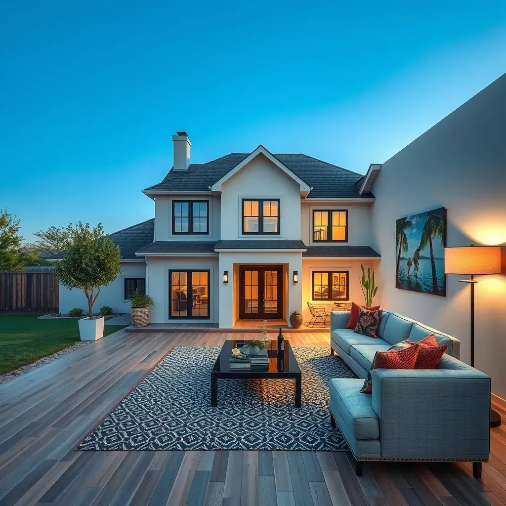 Modern Dallas home renovation featuring a sleek kitchen, hardwood floors, skyline views, and landscaped outdoor patio.