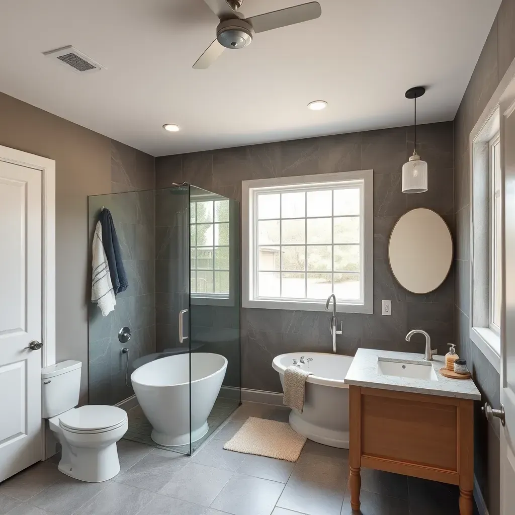 Remodeled bathroom in Burnet, TX featuring a freestanding tub, glass shower, marble countertops, and modern decor.