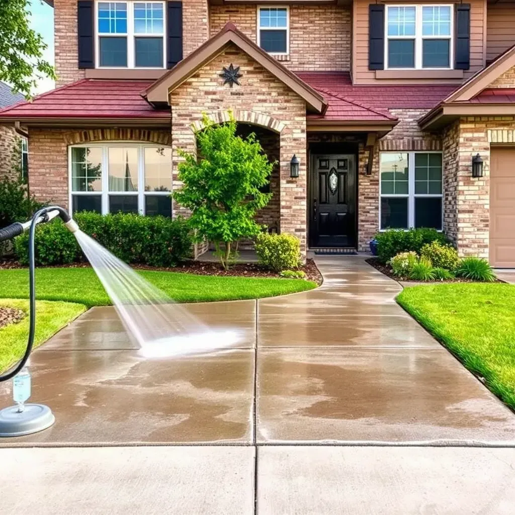 Pressure washing a modern Texas home with visible dirt removal and bright siding under sunny Round Rock skies.