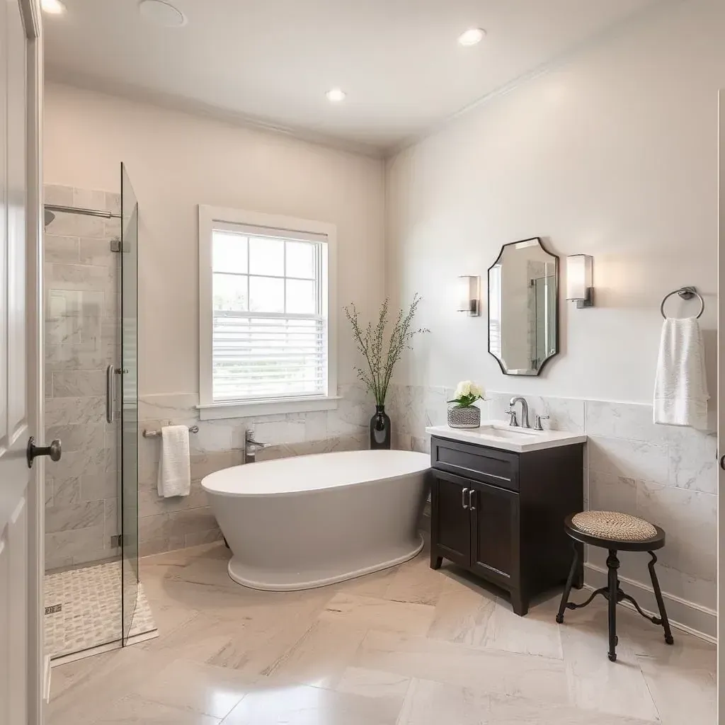 Modern bathroom in Round Rock, TX with quartz vanity, walk-in shower, soaking tub, earthy tiles, Texas decor, and natural light.
