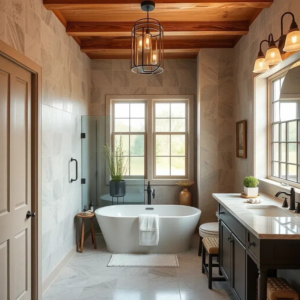 Remodeled Kerrville, TX bathroom with large windows, neutral tones, marble countertops, walk-in shower, soaking tub, and rustic charm.