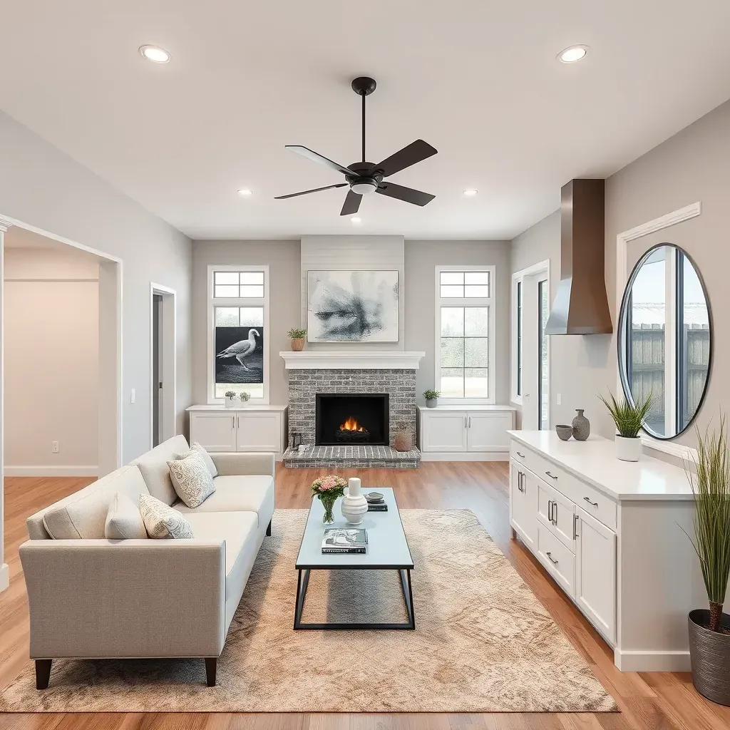 Modern renovated Texas home in Jarrell with earthy siding, large windows, landscaped yard, and visible construction materials.