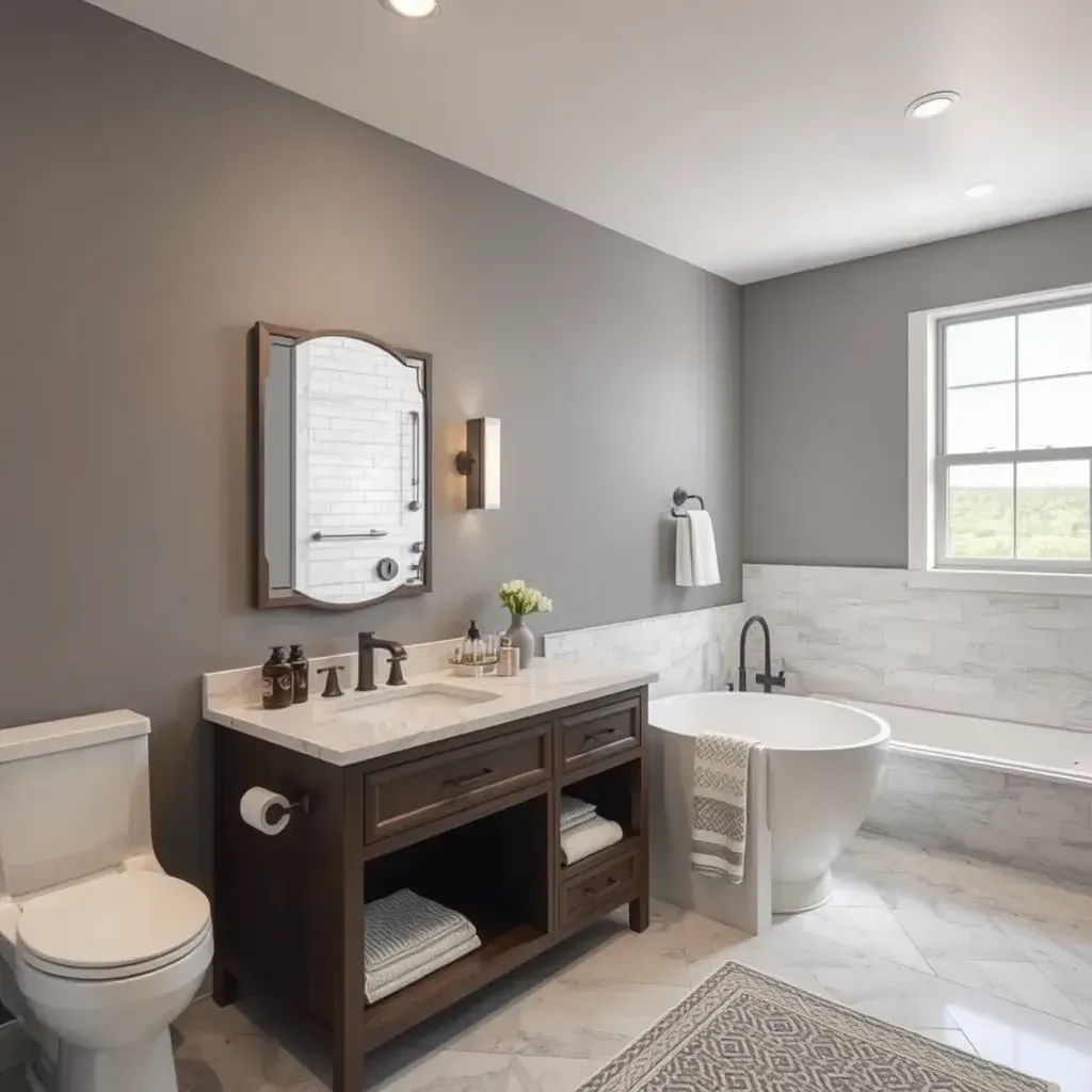 Modern bathroom in Bee Cave, TX with granite countertops, glass shower, soaking tub, and Texas hill country views.