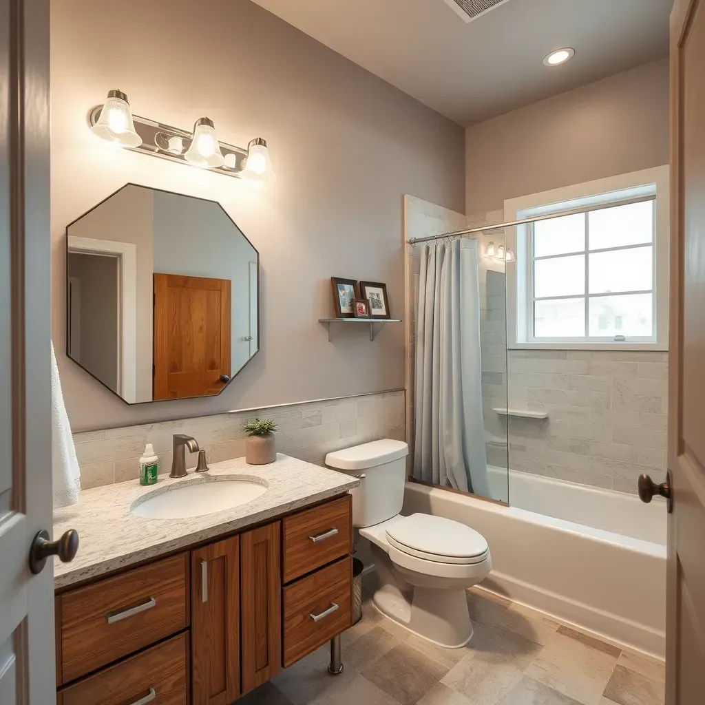 Modern bathroom in Jonestown, TX featuring a walk-in shower, floating vanity, soaking tub, large window, and contemporary design.