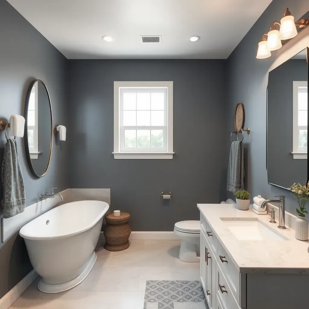 A renovated bathroom in Leander, TX with modern fixtures, stylish tiles, spacious shower, and elegant decor.