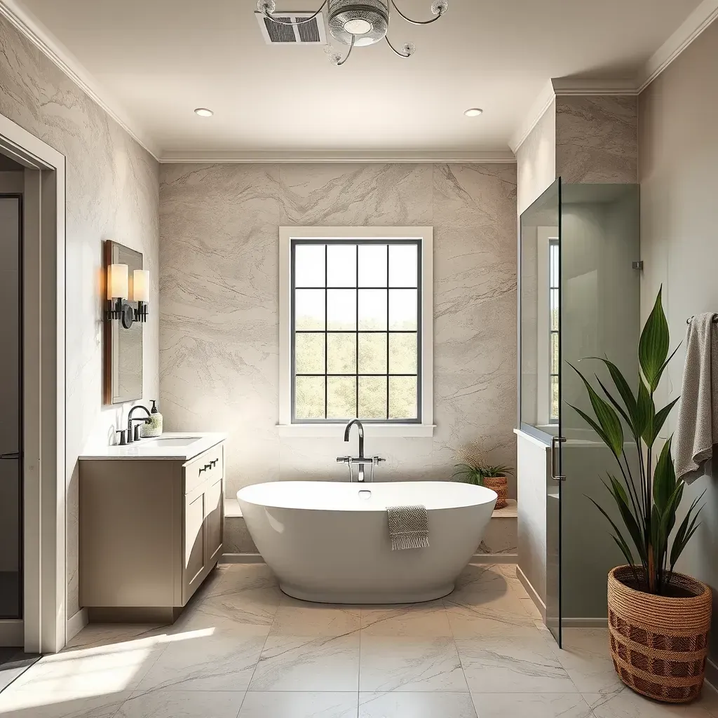 Modern Steiner Ranch bathroom with walk-in shower, freestanding tub, floating vanity, and Texas-inspired decor.