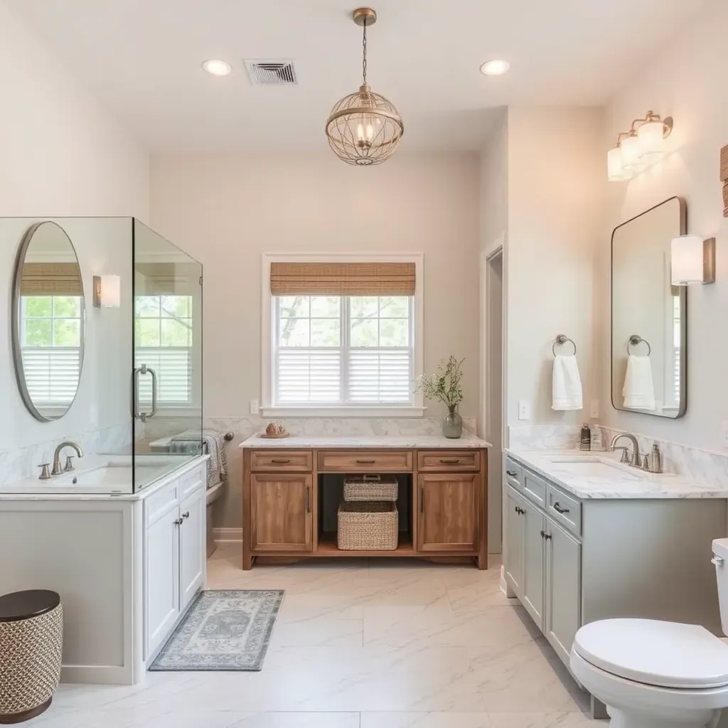 Modern bathroom in Georgetown, TX with glass shower, quartz countertops, floating vanity, and scenic hill country view.