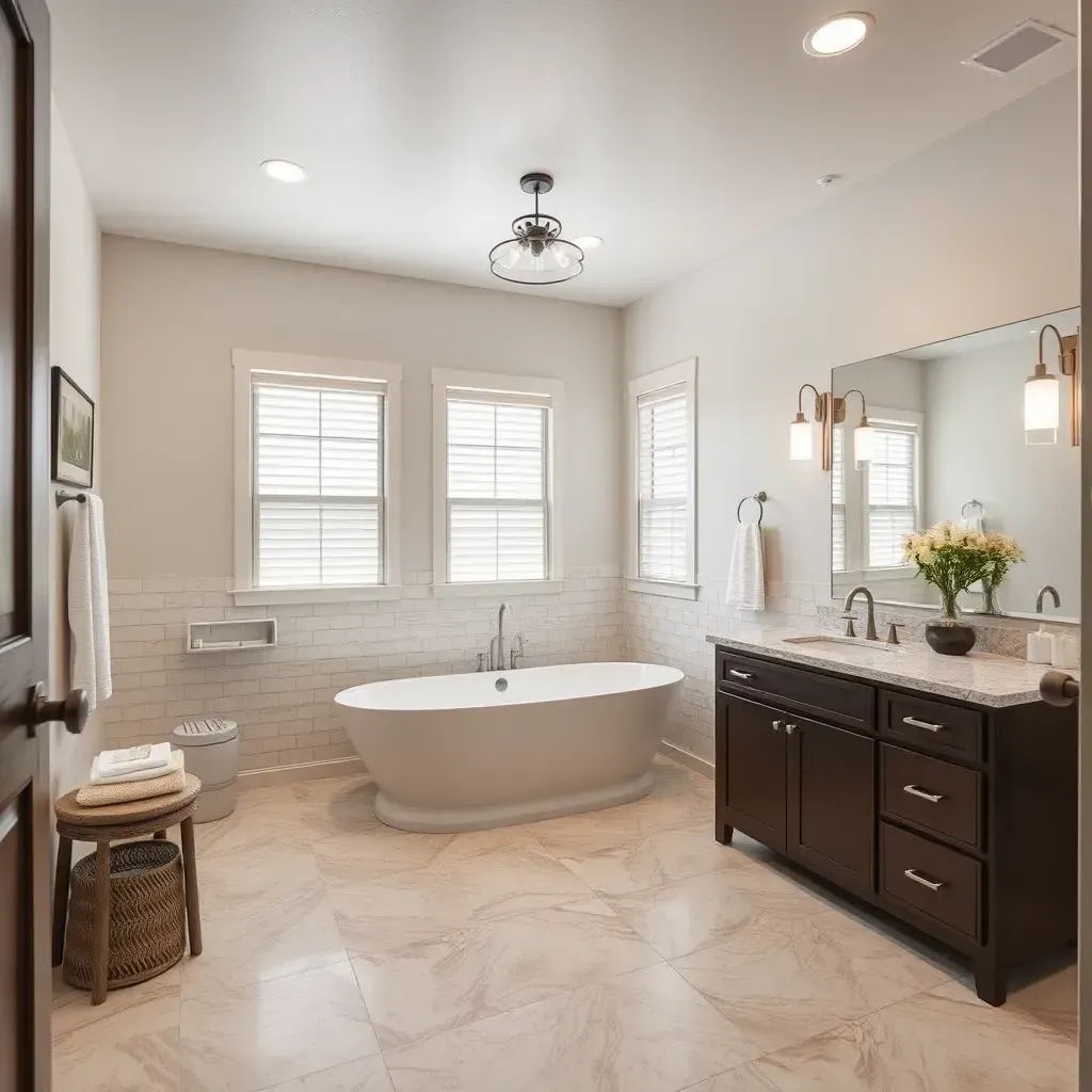 Modern Taylor, TX bathroom with white subway tiles, dark wood vanity, granite countertop, glass shower, and natural light.
