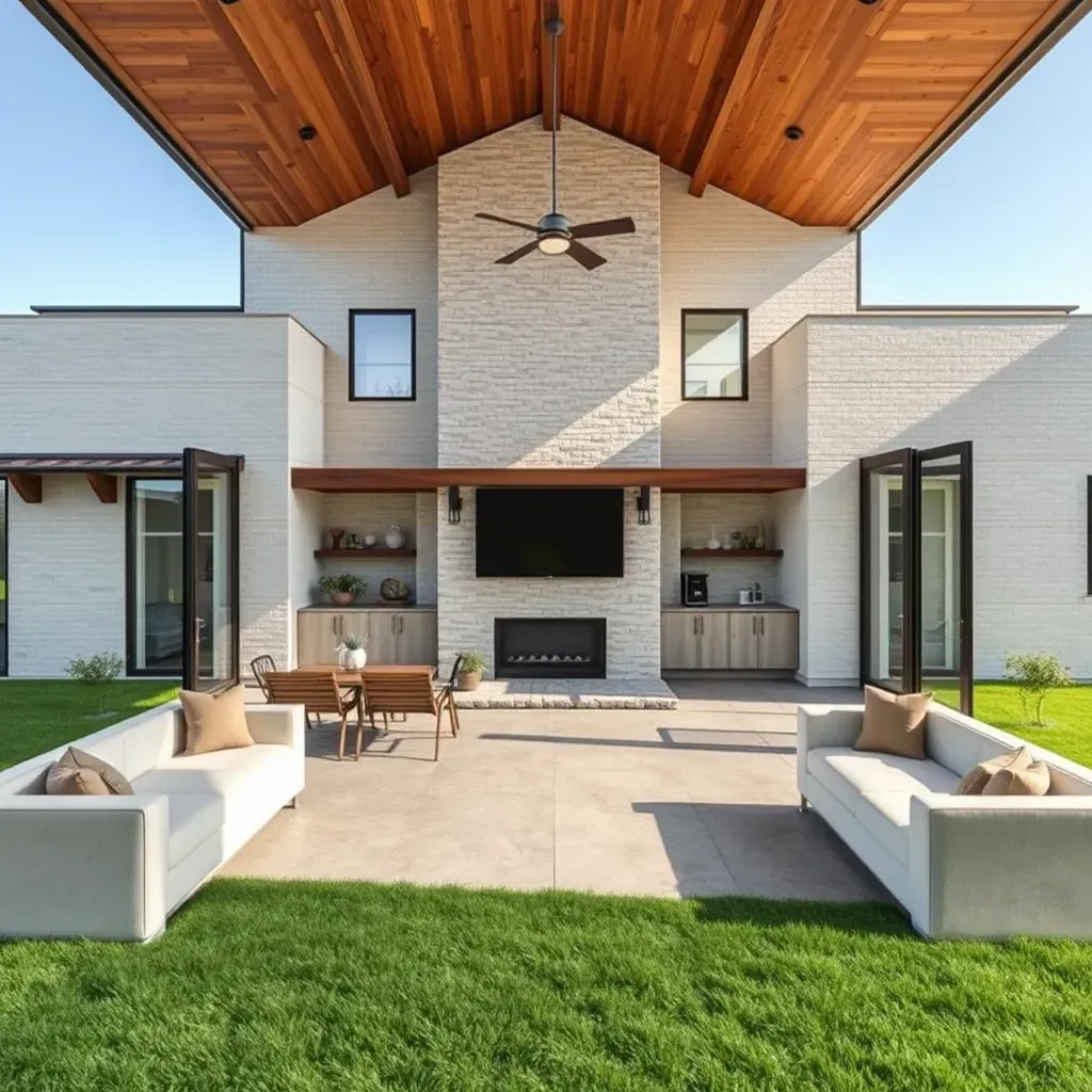 Modern Buda, TX home during renovation with fresh siding, new windows, construction tools, and lush green surroundings.