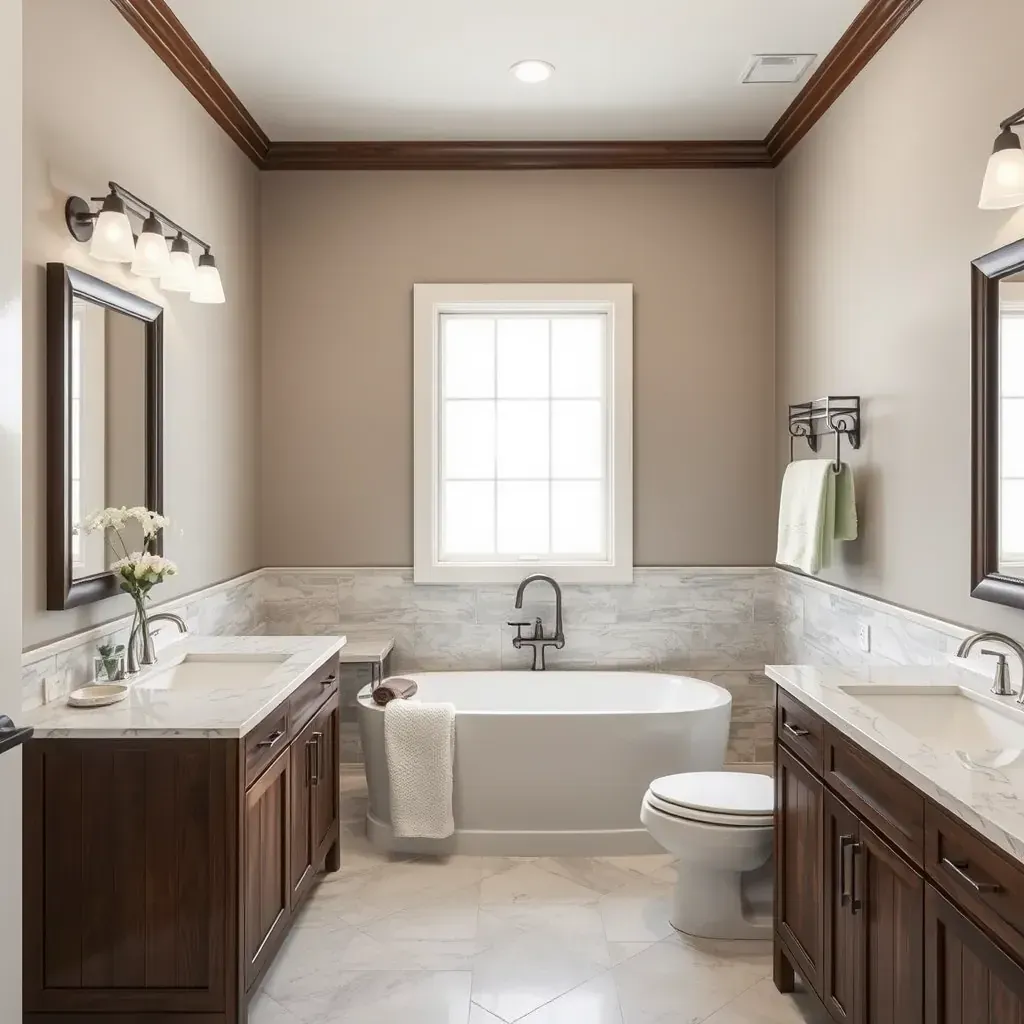 Renovated Florence, TX bathroom featuring a frameless glass shower, soaking tub, double vanity with marble top, and southern charm.
