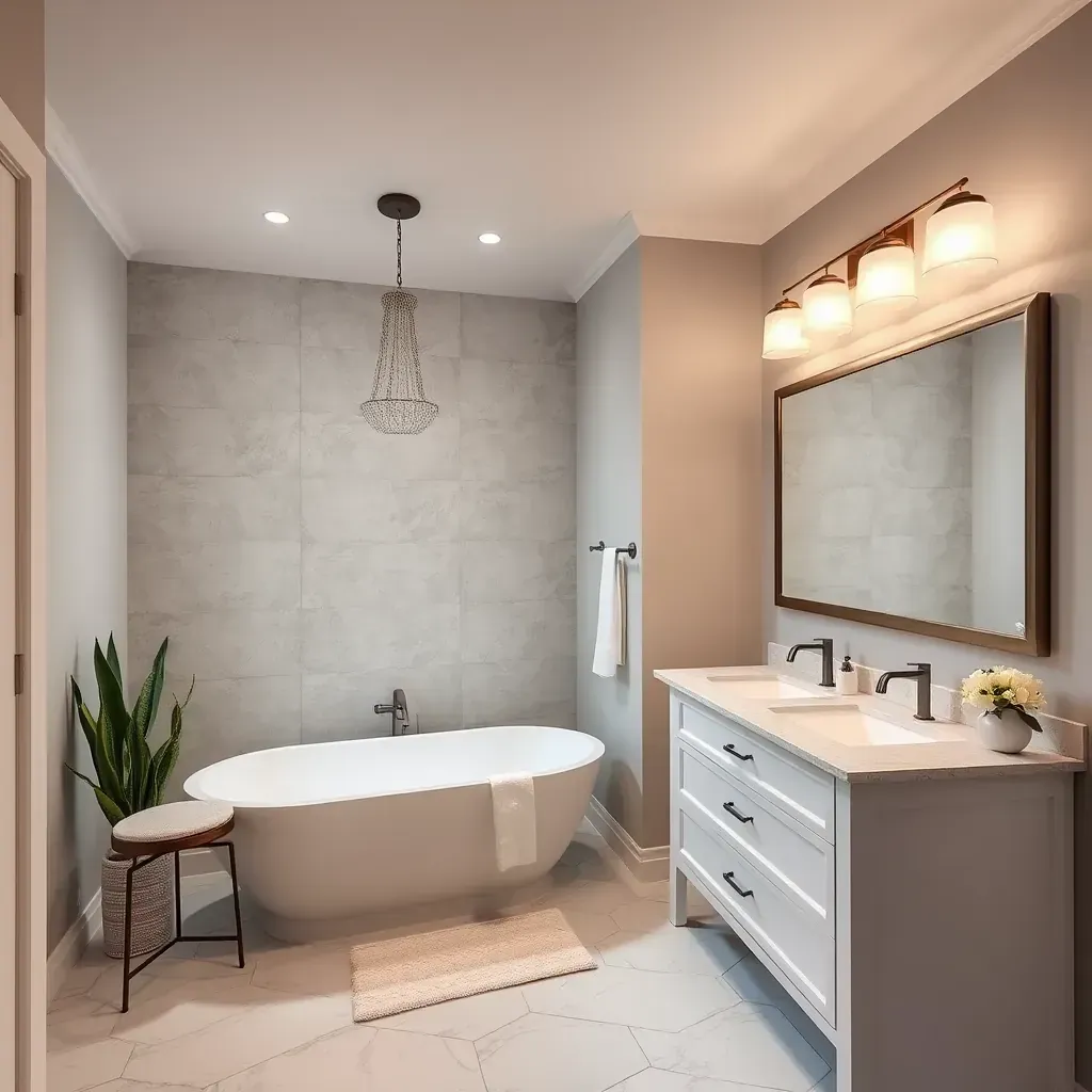 Modern Bastrop, TX bathroom with sleek matte cabinets, glass shower, natural light, neutral tiles, and stylish accessories.