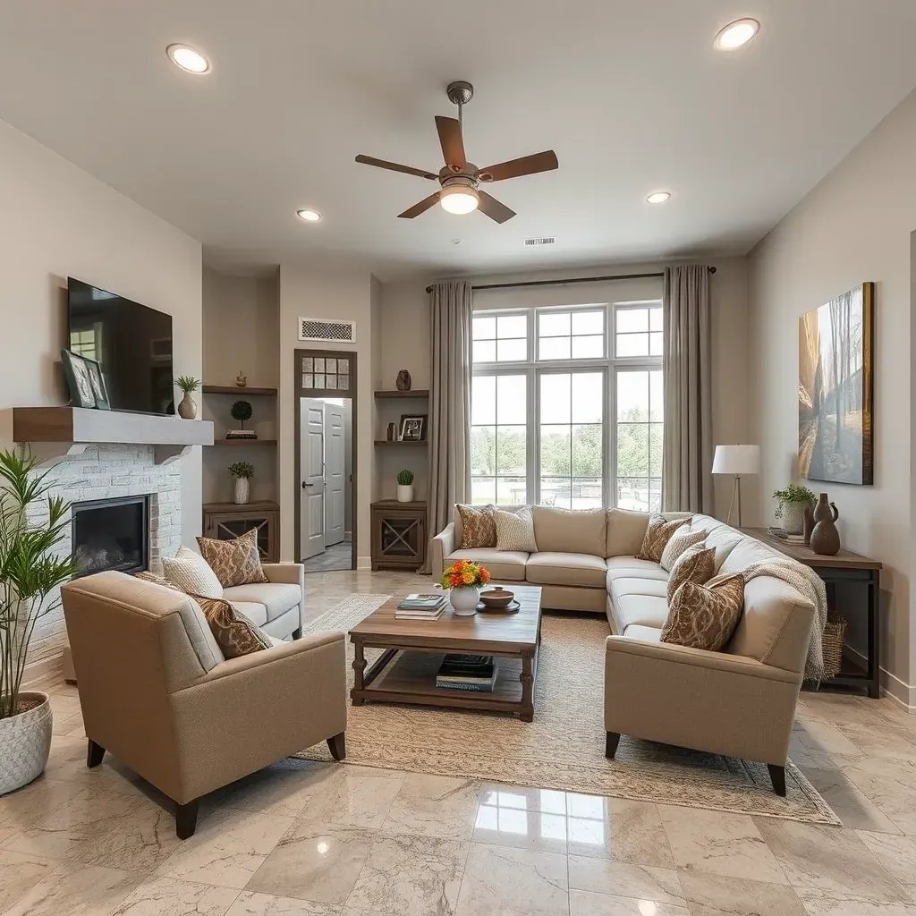 A detailed depiction of home remodeling in Kerrville, TX, showcasing construction workers and renovated architectural features.