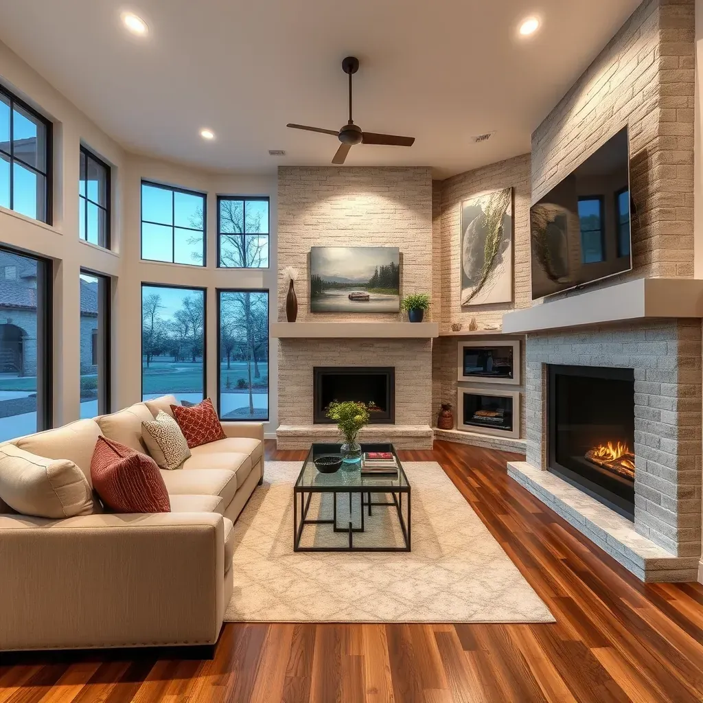 Remodeled modern home in West Lake Hills, TX, featuring stone and stucco exterior, large windows, landscaped yard, and outdoor patio.