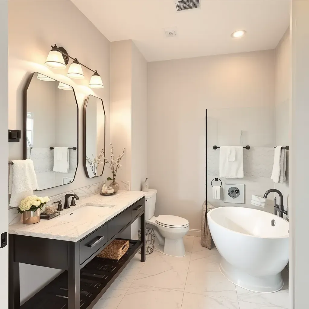 Renovated Temple, TX bathroom with white marble countertops, black fixtures, glass shower, neutral walls, and modern cabinetry.
