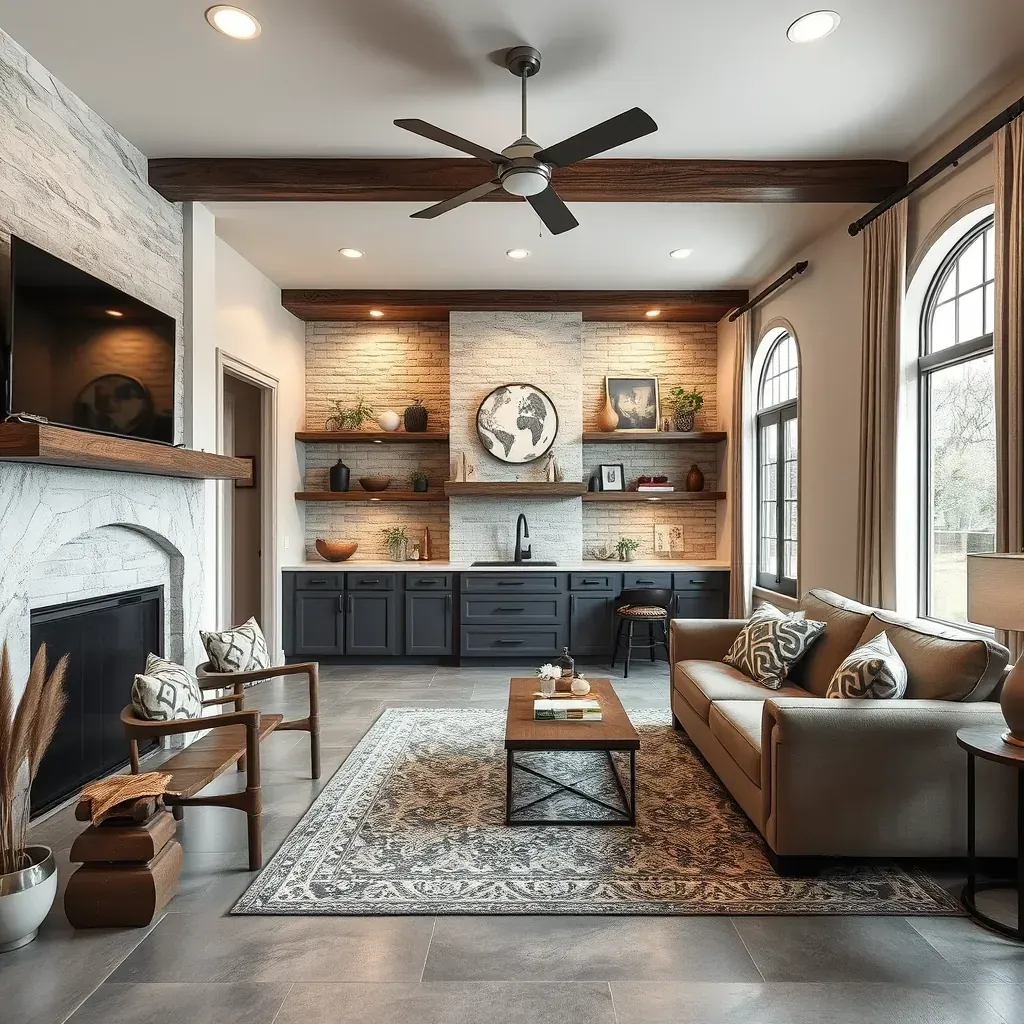 Remodeled Bee Cave home featuring a modern kitchen, hardwood floors, stone fireplace, landscaped yard, and outdoor patio.