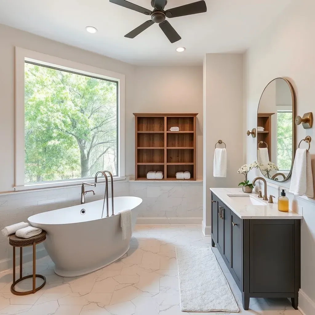 Spicewood Springs, TX bathroom with glass shower, soaking tub, wooden cabinetry, neutral tiles, and modern fixtures.