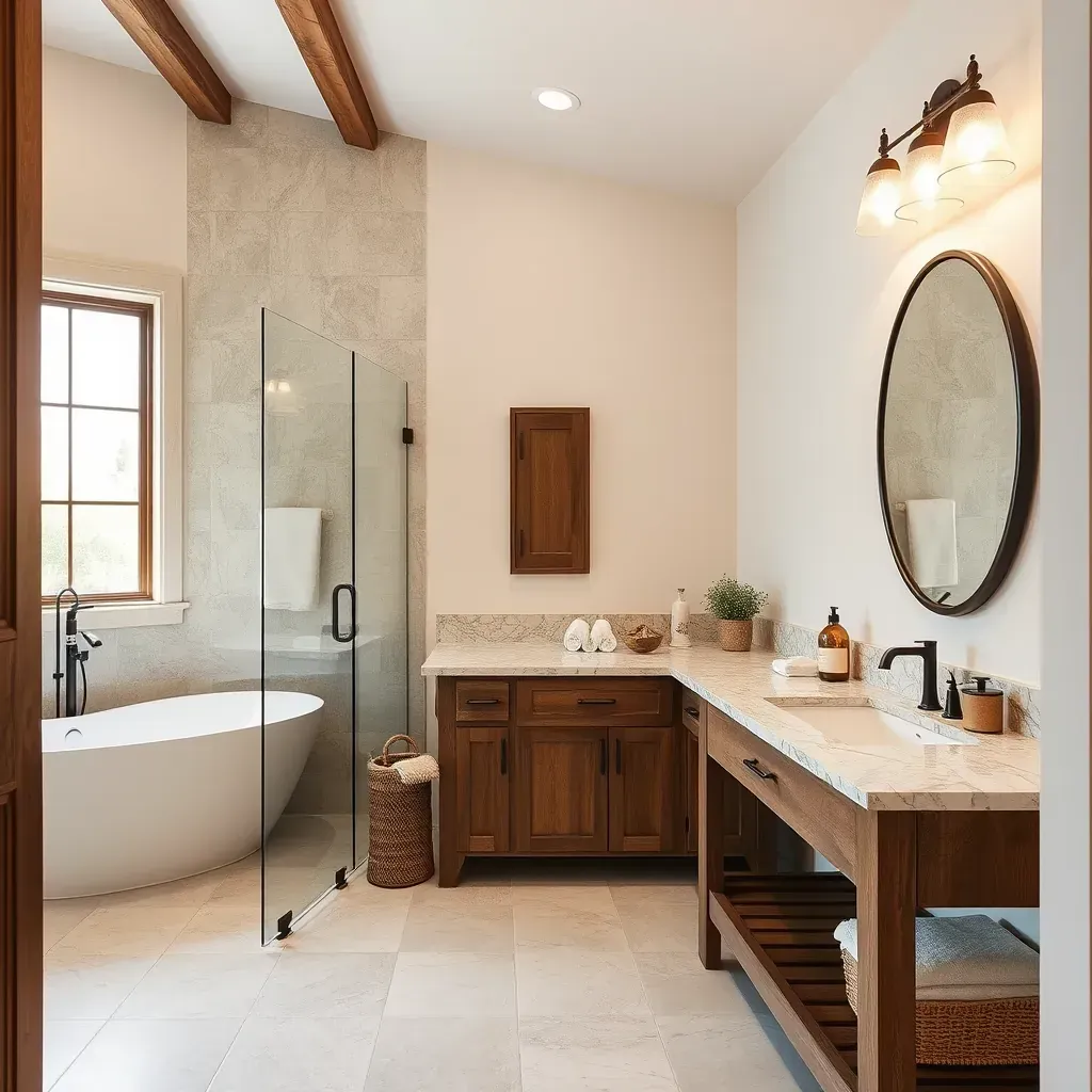 Modern Wimberley, TX bathroom with marble tiles, black soaking tub, glass shower, wood vanity, brass fixtures, and natural decor.
