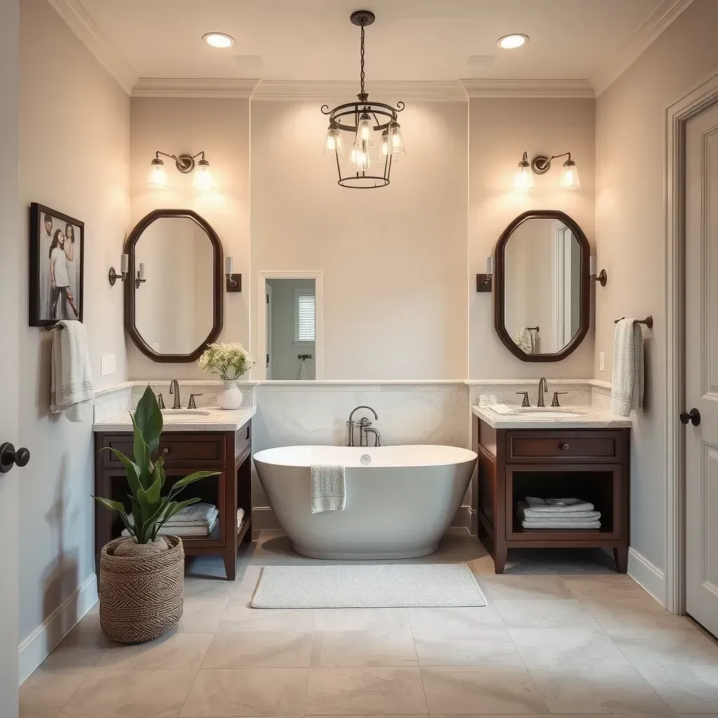 Modern bathroom in Seguin, TX with walk-in shower, double vanity, marble countertops, natural light, and Texas landscape view.