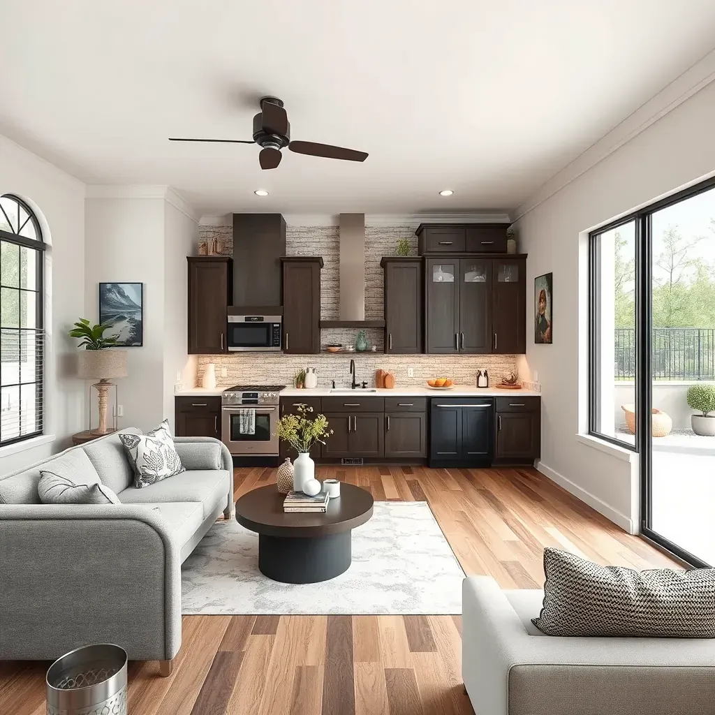Renovated kitchen and living area in Round Rock, TX with modern design, hardwood floors, natural lighting, and outdoor access.