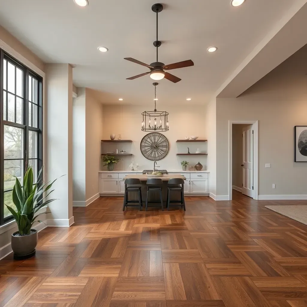 High-quality hardwood flooring in a modern Round Rock, TX interior with warm tones, natural grain, and sunlight reflection.