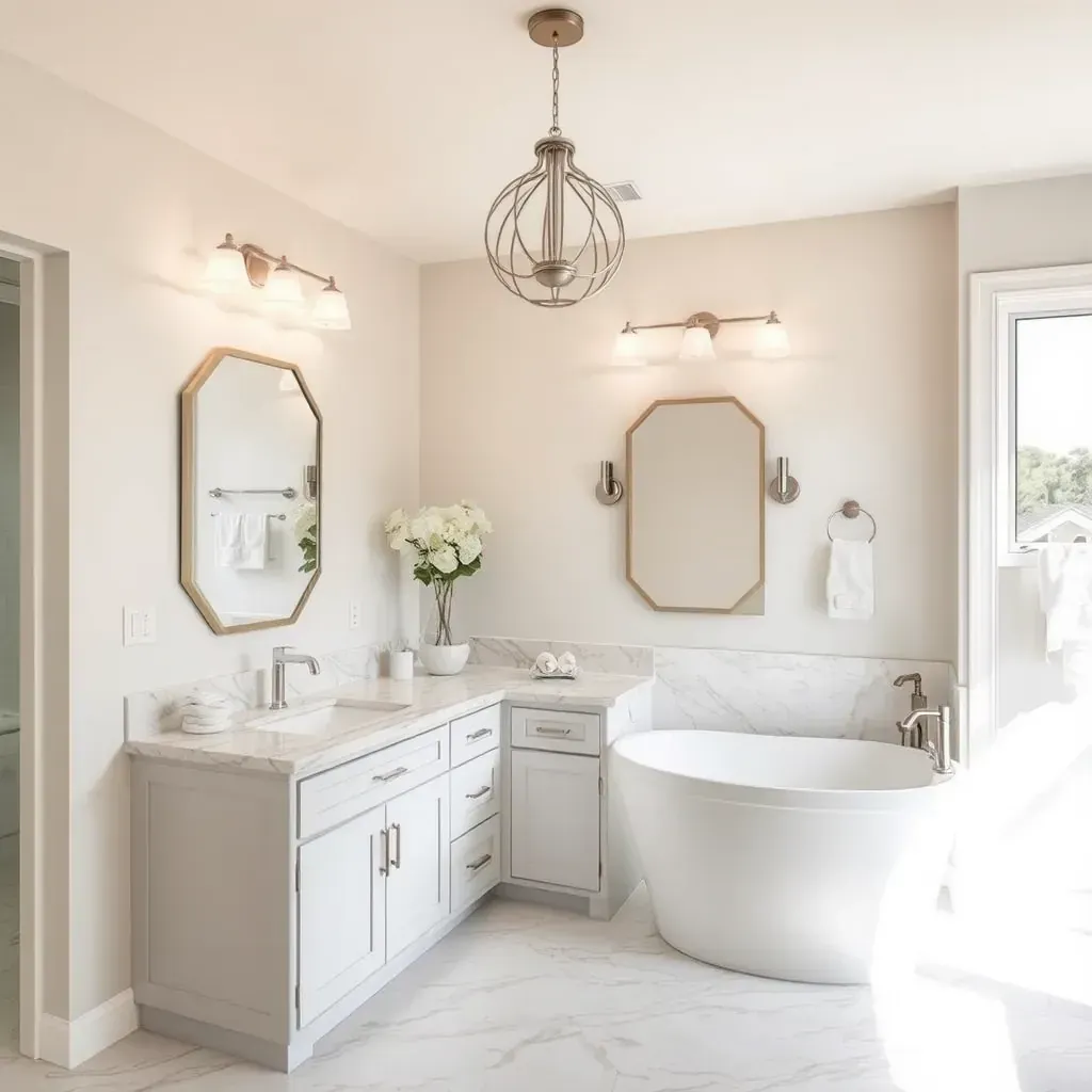 Remodeled Marble Falls bathroom with a freestanding tub, marble tiles, quartz vanity, and scenic Texas Hill Country views.