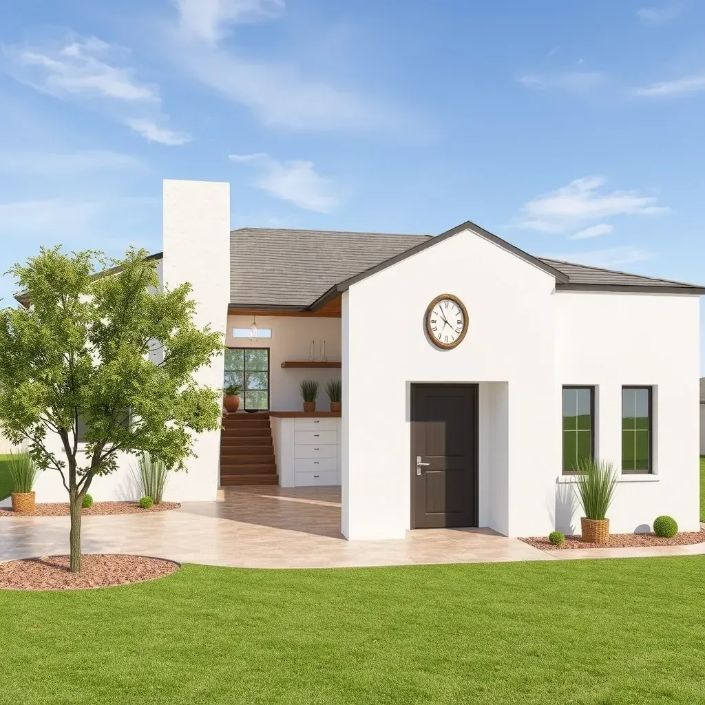 Remodeled Texas-style home in Salado with fresh paint, farmhouse windows, porch, lush landscaping, and scenic sky.