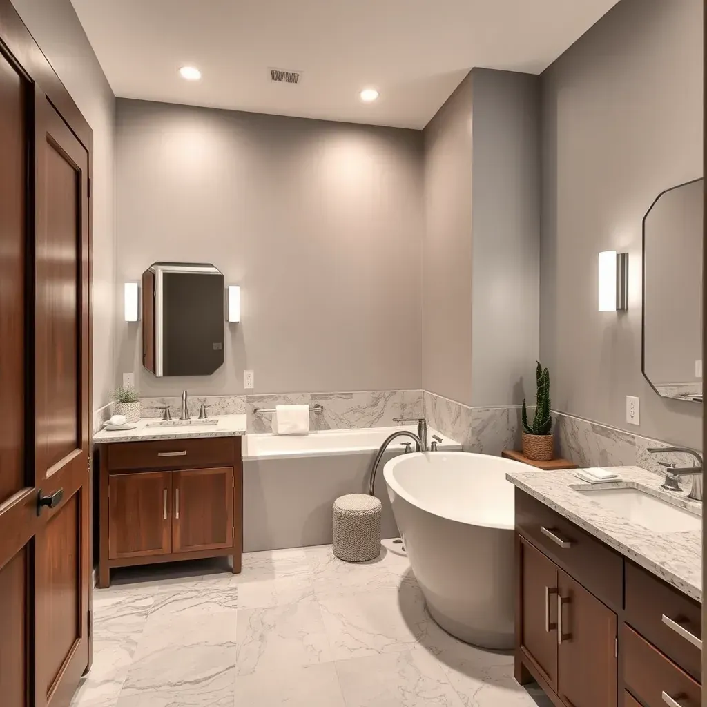 Beautiful bathroom in Round Rock, TX with earth-tone tiles, walk-in shower, double vanity, soaking tub, and natural greenery.