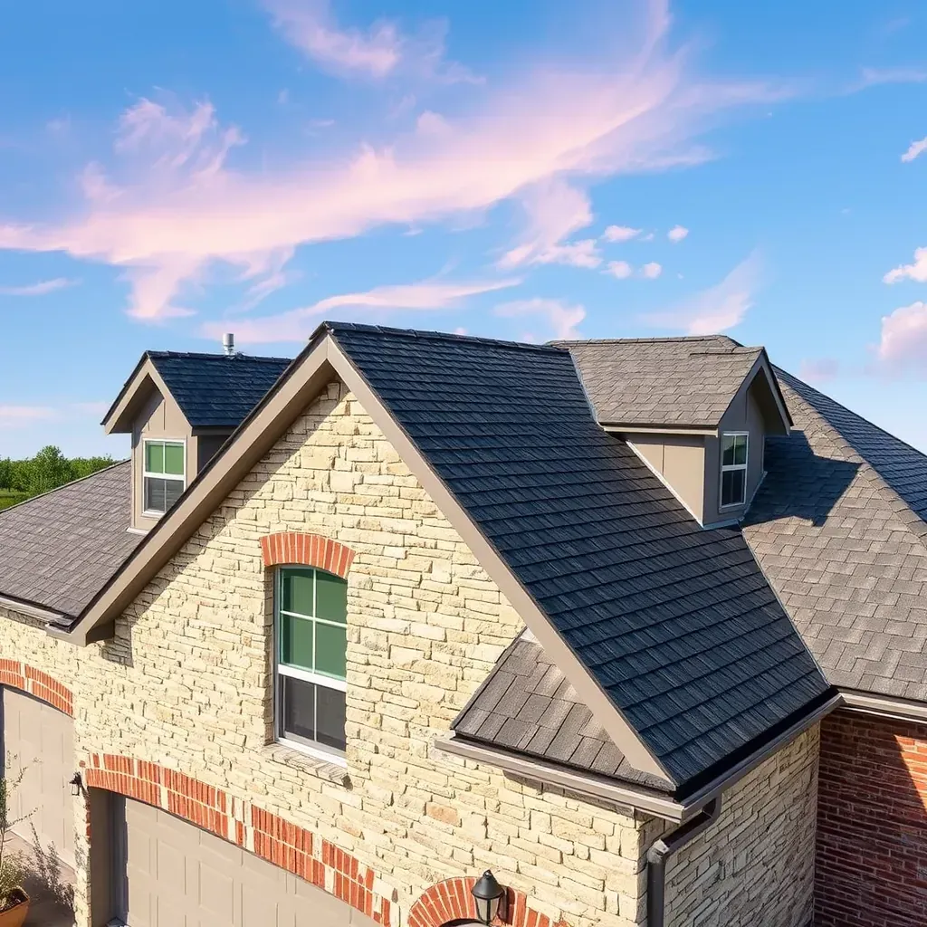 Detailed scene of roof installation on a sunny day in Round Rock, TX, showing workers on a newly installed metal roof.
