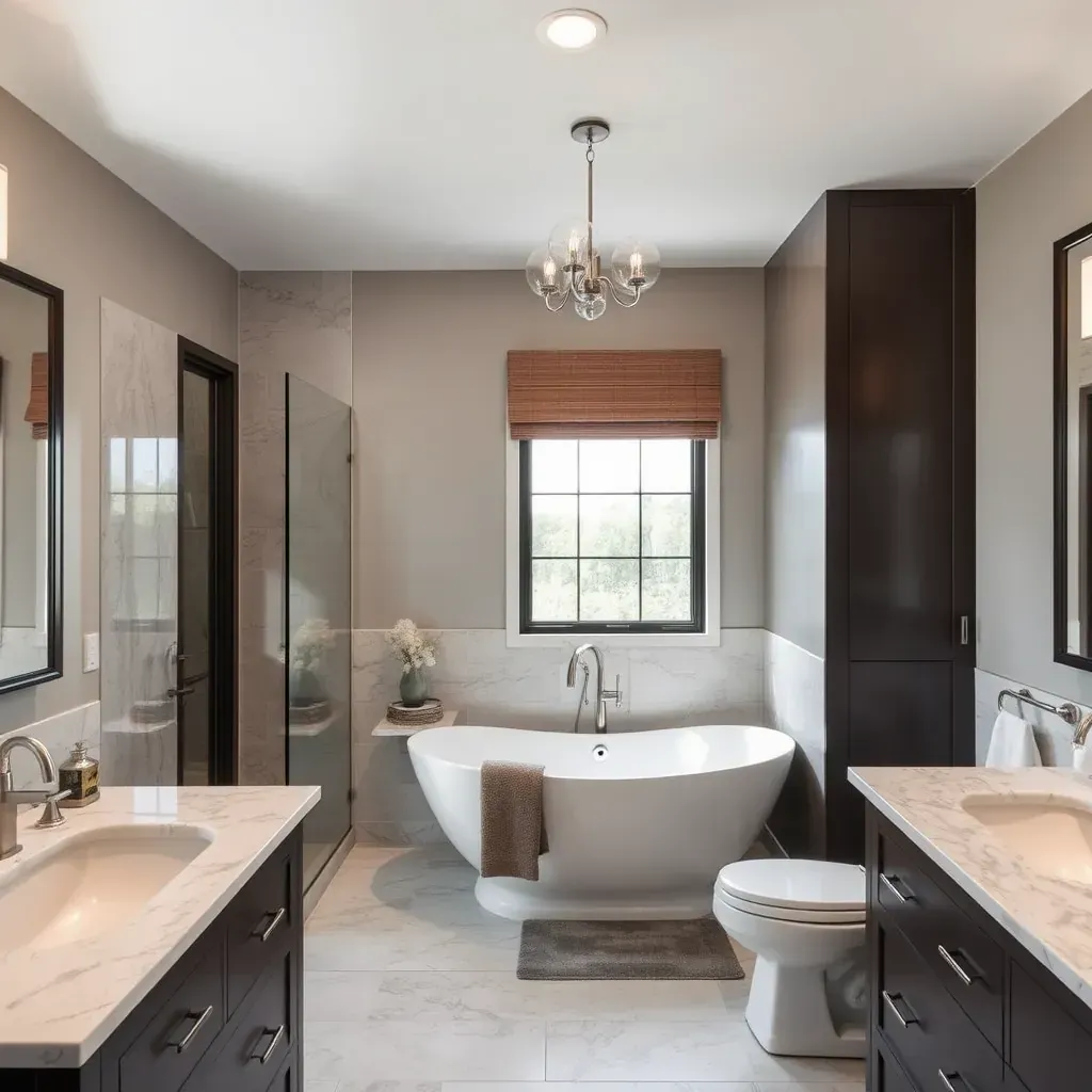 Modern bathroom in Belton, TX featuring sleek vanity, glass shower, subway tiles, neutral tones, and contemporary fixtures.